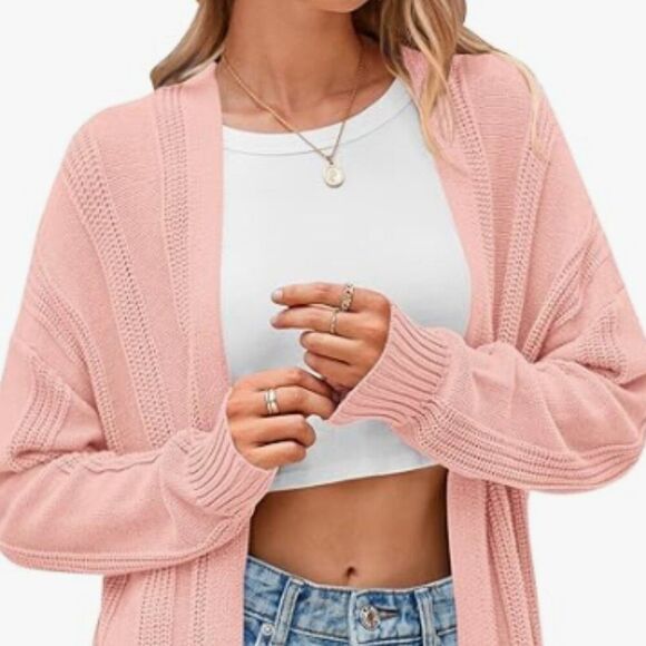 Women's Loose Fit Open Front Cardigan Long Cable Knit Sweater Sz Small NWT Pink - Picture 2 of 9
